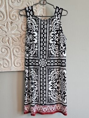 Talbots Black & White Printed Sleeveless Midi Dress with Red Border